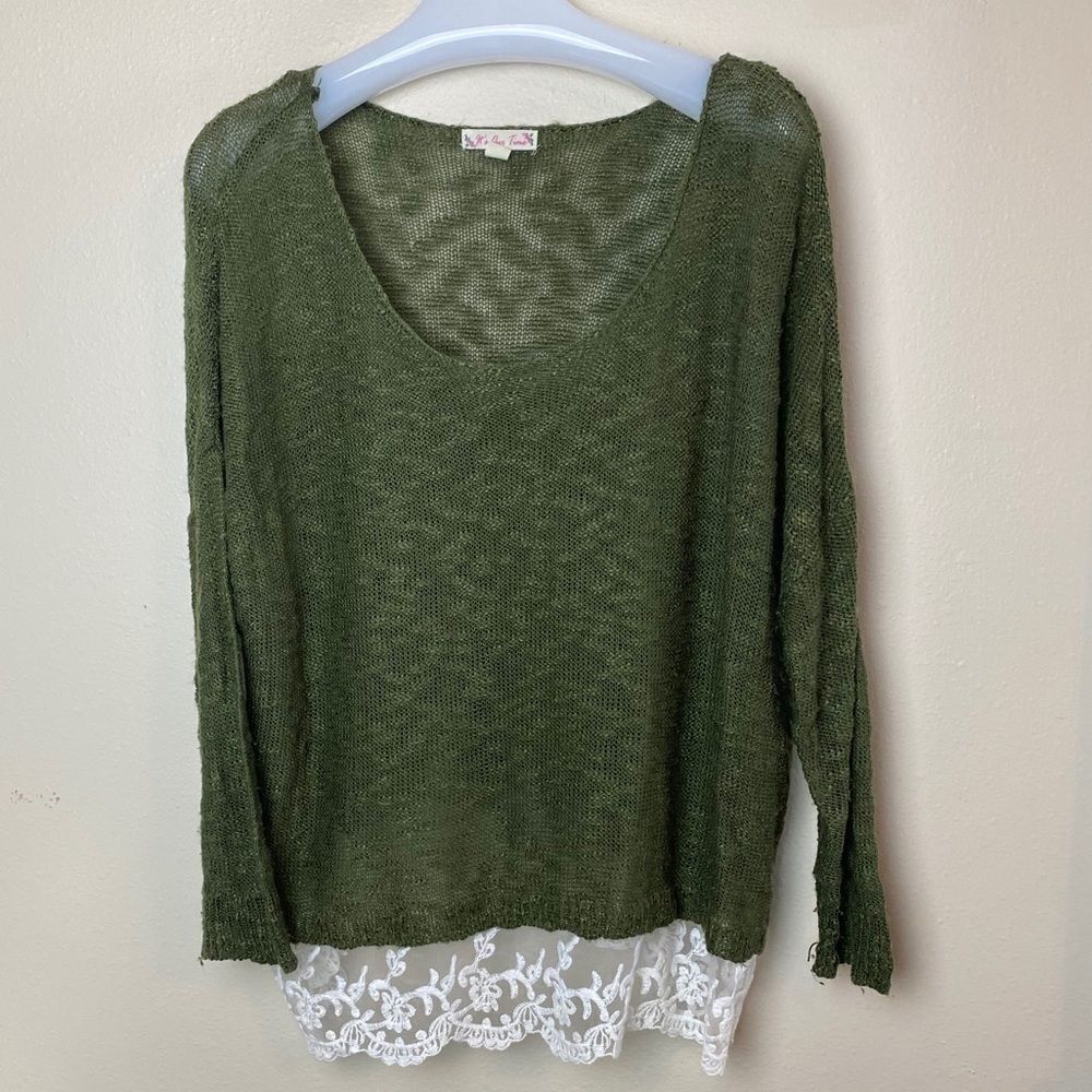 ITS OUR TIME OFF SHOULDER SWEATER W/ LACE TRIM